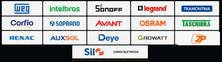 Logomarcas das marcas parceiras WEG, Intelbras, Sonoff, Legrand, Tramontina, Corfio, Soprano, Avant, Osram, Taschibra, Renac, Auxsol, Deye, Growatt, 2P e SIL Cabos Elétricos